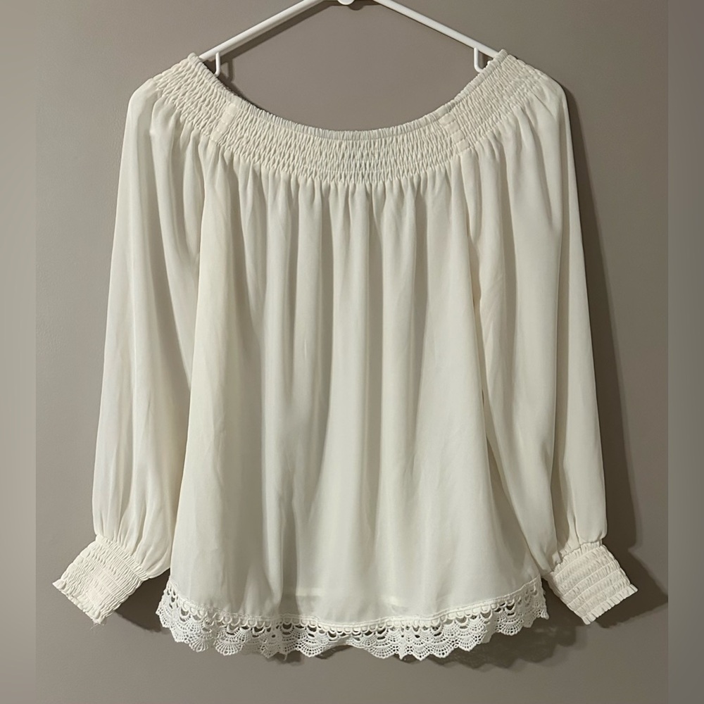 EXPRESS size XS, white, off the shoulders, long sleeved, lace bottom top.